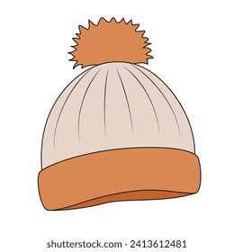 Warm knitted hat in cartoon style. Beige and brown hat with pom pom. Vector drawing of a children's hat. Hat flat illustration.