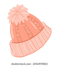 Warme Strickmütze im flachen Design. Saisonale Kopfbedeckung von Mütze mit Pompom. Vektorillustration isoliert.