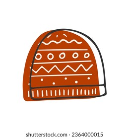 Warm knitted hat isolated on white. Hand drawn outline winter autumn clothing element. Doodle vector design element