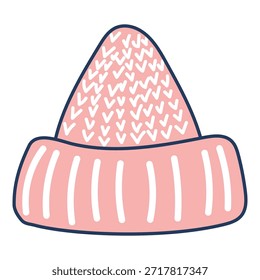 Warm knitted hat isolated on transparent. Hand drawn flat vector illustration. Traditional holiday, Christmas, New Year, seasonal design element, winter clothes clip art