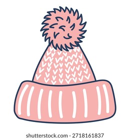 Warm knitted hat isolated on transparent. Hand drawn line drawing vector illustration. Traditional holiday, Christmas, New Year, seasonal design element, winter clothes clip art