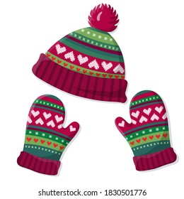 Warm knitted hat and mittens. Cute winter accessories cap and gloves isolated on white background. Vintage pattern wear design. Christmas flat vector illustration. 