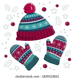 Warm knitted hat and mittens. Cute winter accessories cap and gloves isolated on white background. Vintage pattern wear design. Christmas flat vector illustration. 