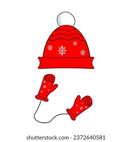 Warm knitted hat and mittens. Cute winter accessories cap and gloves isolated on white background. Vintage pattern wear design. Christmas flat vector illustration.