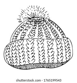 warm knitted hat with a pompom, freehand drawing, vector doodle element, coloring book, black outline