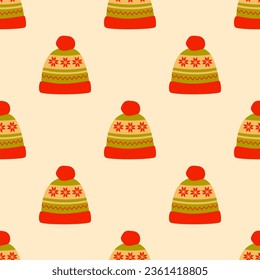 Warm knitted hat with pompon seamless pattern, background. Woolen sporty headgear. Beanie hat. Warm head wear. Autumn and winter accessories. Retro vintage colors.