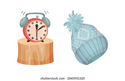 Warm Knitted Hat Wear and Alarm Clock as Hygge and Coziness and Comfortable Symbol Vector Set