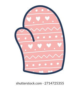 Warm knitted mitten isolated on transparent. Hand drawn line drawing vector illustration. Traditional holiday, Christmas, New Year, seasonal design element, winter clothes clip art