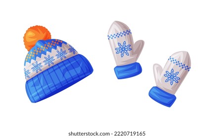 Warm Knitted Mittens and Hat as Finland Symbol and Attribute Vector Set