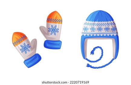 Warm Knitted Mittens and Hat as Finland Symbol and Attribute Vector Set