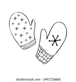 Warm, knitted mittens in vector drawn line. Winter clothes. Hand drawn monochrome set, black and white set.  Isolated object on white background. style of doodle
