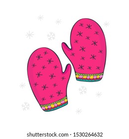 Warm, knitted mittens in vector. Winter clothes. Sketch illustration with knitted mittens for clothes design. Hand drawn. Knitted gloves for celebration decoration design. Doodle