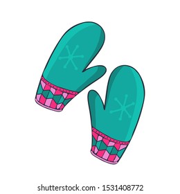 Warm, knitted mittens in vector. Winter clothes. Sketch illustration with knitted mittens for clothes design. Hand drawn. Knitted gloves for celebration decoration design. Doodle