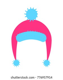 Warm knitted pink hat with blue pompom and ears vector illustration isolated on white.Wintertime headwear icon, modern cloth headgear accessory