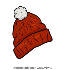 Warm knitted red hat with boubone. Vector illustration isolated on white background, cartoon style