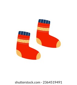 Warm knitted red socks isolated on white background. Autumn and winter cozy season. Accessorize.