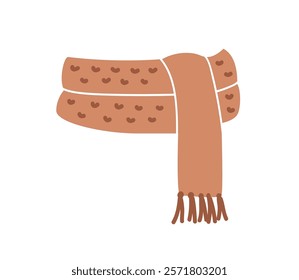 Warm knitted scarf with fringe, wrapped around. Soft comfortable woolen accessory for cold weather, winter season. Cozy knitwear , neck garment. Flat vector illustration isolated on white background