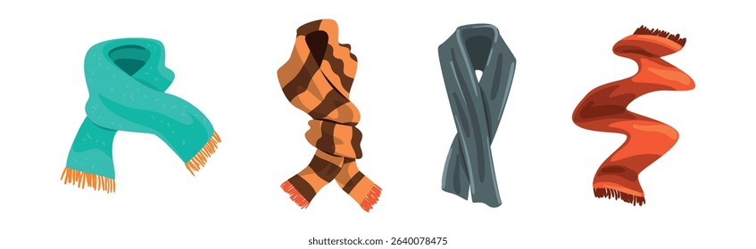 Warm Knitted Scarf as Seasonal Weather Clothing Vector Set