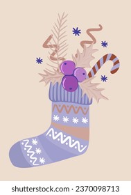 Warm knitted sock decorated with stripes, snowflakes, dots and zigzag lines with Christmas gifts in it. Winter footwear. Pastel colors. Vector isolated illustration.