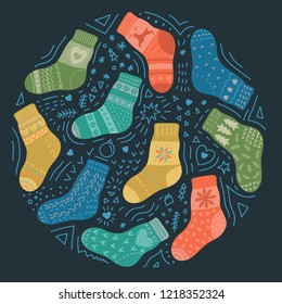 Warm knitted socks with doodles. Vector illustration.