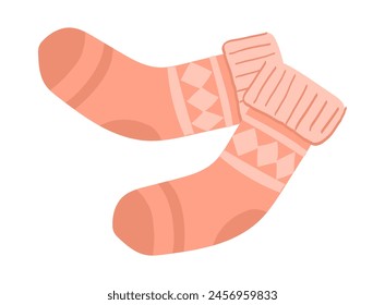 Warme Stricksocken im flachen Design. Saisonale Strümpfe mit Wintermuster. Vektorillustration isoliert.