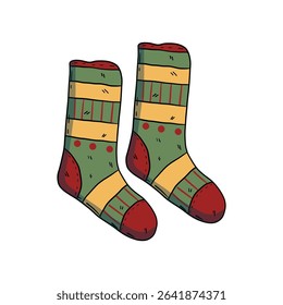 Warm knitted socks, isolated design element, hand-drawn in doodle style, suitable for concepts: cozy autumn and winter, Christmas themes, children’s thematic projects