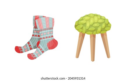 Warm Knitted Socks and Stool as Hygge and Coziness and Comfortable Symbol Vector Set