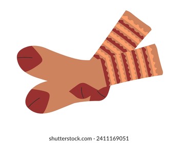 Warm knitted socks with stripes, isolated clothes for men and women in winter. Handmade clothing and accessories for colds. Fashionable and simple model of apparel complement. Vector in flat style