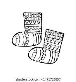 Warm, knitted socks in vector drawn line. Winter clothes. Hand drawn monochrome set, black and white set.  Isolated object on white background. style of doodle
