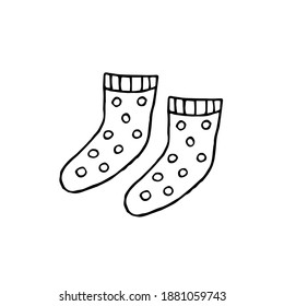 Calurosos calcetines de punto. Ilustración del doodle dibujada a mano por vectores. contorno blanco y negro. Colores.