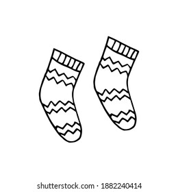 Warm knitted socks. Vector hand drawn doodle illustration. Black and white outline. Coloring.	
