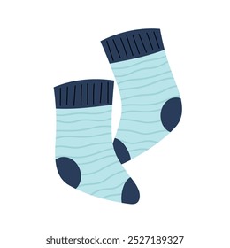 Calcetines a rayas de punto cálido en color azul. Un par de calcetines para niños. Icono aislado lindo del calcetín del bebé. Decoración de vacaciones de invierno. Accesorios cálidos de invierno para niños.