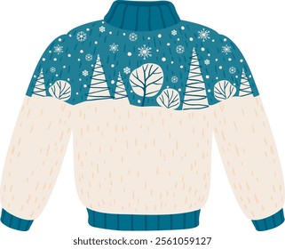 Warm knitted sweater with a festive design featuring a winter forest scene with snowflakes, perfect for cozy winter days and holiday celebrations, is lying flat