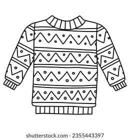 Warm knitted sweater with geometric pattern, doodle style flat vector outline for coloring book