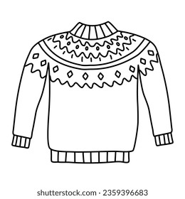 Warm knitted sweater with geometric pattern, doodle style flat vector outline for coloring book