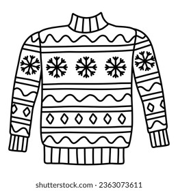 Warm knitted sweater with snowflakes and geometric pattern, doodle style flat vector outline