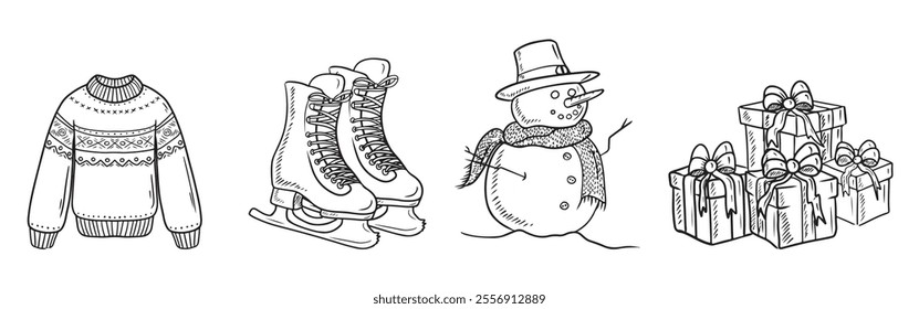 Warm knitted sweater, white leather skates for figure skating, snowman with hat and scarf, set of gift boxes in black isolated on white. Hand drawn vector illustration in doodle engraved vintage style