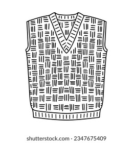 Warm knitted vest. Hand drawn doodle style. Vector illustration isolated on white. Coloring page.