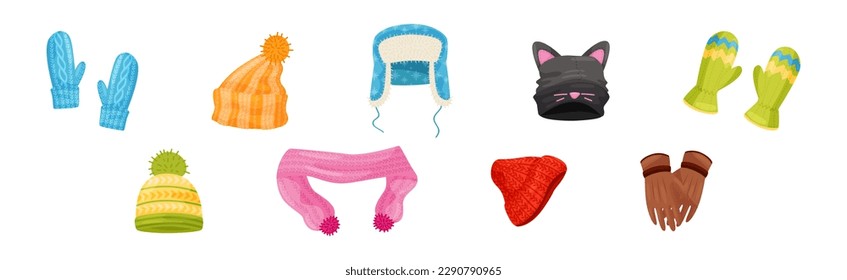 Warm Knitted Winter Clothes Accessory with Scarf, Hat and Gloves Vector Set