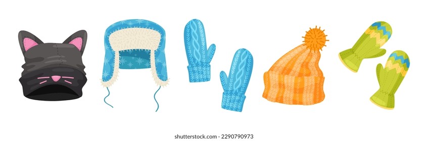 Warm Knitted Winter Clothes Accessory with Hat and Mittens Vector Set