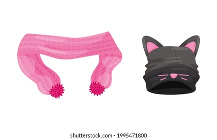 Warm Knitted Winter Hat with Cat Ears and Scarf Vector Set