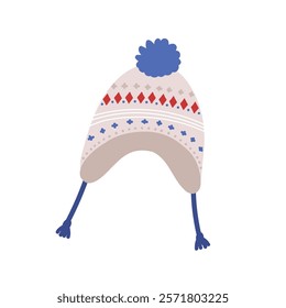 Warm knitted winter hat with earflaps, strings and pom-pom. Cozy woolen accessory for cold weather. Headwear, wool knitwear with ear flaps. Flat vector illustration isolated on white background