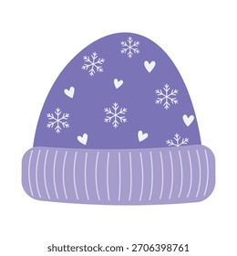 Warm knitted winter hat. Hand drawn flat style vector illustration, Traditional holiday and new year seasonal clothes design