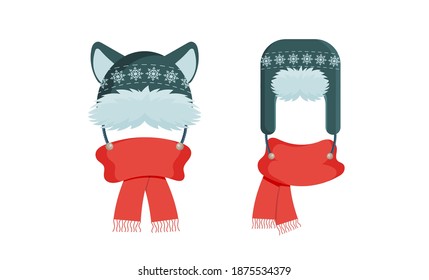 Warm knitted winter hat and scarf. Green hat with a vintage pattern. Red knitted scarf. For design on New Year's or Christmas themes, as well as on the theme of winter. Vector illustration.