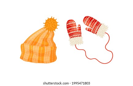 Warm Knitted Winter Hats With Pompon And Mittens Vector Set