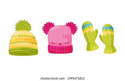 Warm Knitted Winter Hats with Pompon and Mittens Vector Set