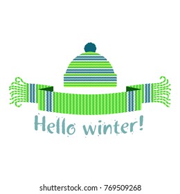 Warm knitted winter scarf and cap with the inscription Hello Winter. Vector flat Illustration. Web banners, advertisements, brochures, business templates. Isolated on a white background.