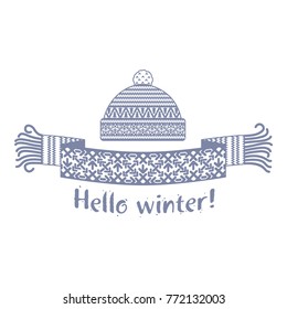 Warm knitted winter scarf and cap with the inscription Hello Winter. Vector flat Illustration. Web banners, advertisements, brochures, business templates. Isolated on a white background.