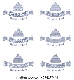 Warm knitted winter scarf and cap with the inscription Hello Winter. Vector flat Illustration. Web banners, advertisements, brochures, business templates. Isolated on a white background.