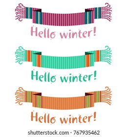 Warm knitted winter scarf with the inscription Hello Winter against the backdrop of snow and spruce forest. Vector flat Illustration. Web banners, advertisements, brochures, business templates. Isolat